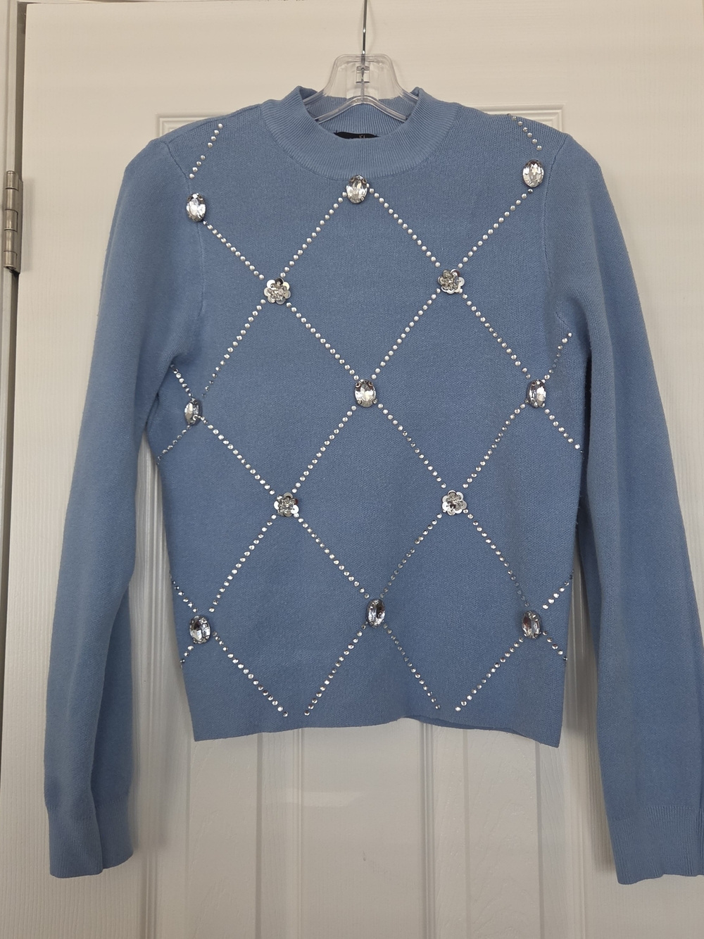 Crystal-Embellished Light Blue Crewneck Sweater